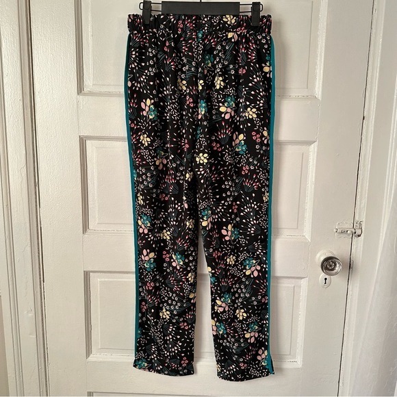 Lulus Boho Blooms Black Floral Pants Teal Trim Pull On Elastic Waist USA Made S - Picture 5 of 14